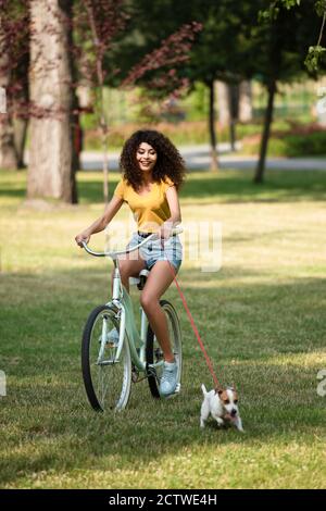 Selective focus of woman riding on bicycle near jack russell terrier on leash in park at summer Stock Photo
