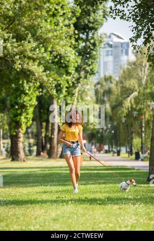 Selective focus of young woman walking with jack russell terrier dog in park Stock Photo