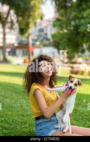 Selective focus of excited woman with jack russell terrier dog looking at camera Stock Photo