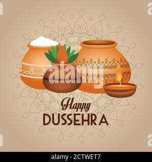 happy dussehra festival lettering poster with ceramic jars and candle vector illustration design Stock Vector