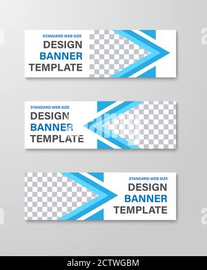 Design of horizontal white web banners with place for photo and blue triangles. A standard size template for business. Set Stock Vector
