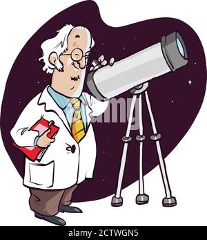 Vector cartoon astronomer looking through a telescope. Stock Vector