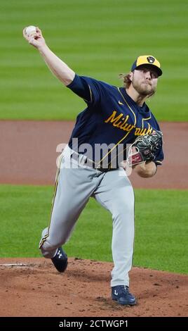 St. Louis, United States. 24th Sep, 2020. Milwaukee Brewers starting pitcher Corbin Burnes delivers a pitch to the St. Louis Cardinals in the first inning at Busch Stadium in St. Louis on Thursday, September 24, 2020. Photo by Bill Greenblatt/UPI Credit: UPI/Alamy Live News Stock Photo