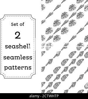 Set of geometric seamless pattern of seashells. Vector illustration in boho style. The design concept for the fabrics, paper, branding. Coloring book page for adult. Stock Vector