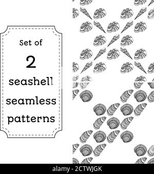 Set of geometric seamless pattern of seashells. Vector illustration in boho style. The design concept for the fabrics, paper, branding. Coloring book page for adult. Stock Vector