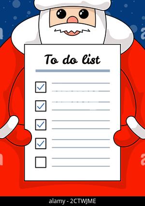 Kawaii funny Santa Claus holding letter to do list paper. Christmas and Happy New Year holiday task and promises plan empty form cartoon vector eps illustration Stock Vector