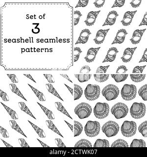 Set of geometric seamless pattern of seashells. Vector illustration in boho style. The design concept for the fabrics, paper, branding. Coloring book page for adult. Stock Vector