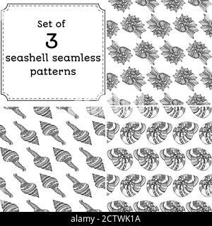 Set of geometric seamless pattern of seashells. Vector illustration in boho style. The design concept for the fabrics, paper, branding. Coloring book page for adult. Stock Vector