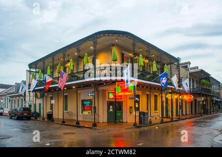 Historic Buildings on Bourbon Street at Orleans Street in French Quarter in the morning in New Orleans, Louisiana, USA. Stock Photo
