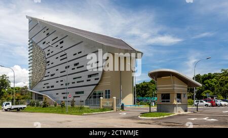 Exterior of Sabah Regional Library at Tanjung Aru Plaza, Kota Kinabalu, Malaysia, incorporating motifs of Sabah's ethnic communities into its design. Stock Photo