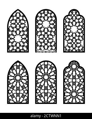 Islamic arch window or door set. Cnc pattern, laser cutting, vector template set for wall decor, hanging, stencil, engraving Stock Vector