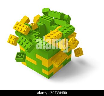 Toy building blocks fortress tower collapsing 3D isolated on white Stock Photo