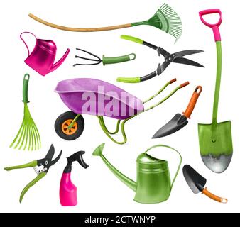 Funny and colorful set of twisted gardening hand tools isolated on white Stock Photo