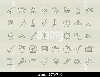 gardening tools, packages of soil, fertilizers, seeds, flowerpots, planting and growing process icons set line icons style vector illustration Stock Vector