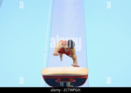 Zhaoqing, China's Guangdong Province. 25th Sep, 2020. Deng Shudi competes during the vault match of the men's individual all-round final at the 2020 Chinese National Artistic Gymnastics Championships in Zhaoqing, south China's Guangdong Province, Sept. 25, 2020. Credit: Xu Ya'nan/Xinhua/Alamy Live News Stock Photo