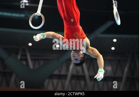 Zhaoqing, China's Guangdong Province. 25th Sep, 2020. Deng Shudi competes during the rings match of the men's individual all-round final at the 2020 Chinese National Artistic Gymnastics Championships in Zhaoqing, south China's Guangdong Province, Sept. 25, 2020. Credit: Cheng Min/Xinhua/Alamy Live News Stock Photo