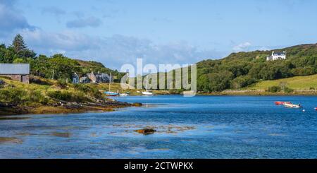 Yachts at anchor in sheltered Badachro Bay near picturesque village of Badachro, Gairloch, Wester Ross, Highland Region, Scotland, UK Stock Photo