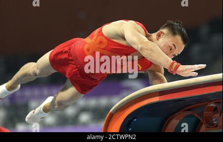 Zhaoqing, China's Guangdong Province. 25th Sep, 2020. Xiao Ruoteng competes during the vault match of the men's individual all-round final at the 2020 Chinese National Artistic Gymnastics Championships in Zhaoqing, south China's Guangdong Province, Sept. 25, 2020. Credit: Cheng Min/Xinhua/Alamy Live News Stock Photo