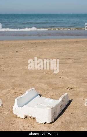 Plastic, white, styrofoam container left on sandy beach. Stock Photo