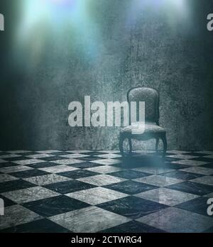 Antique chair in rough patina silver wall and checkered marble floor stage Stock Photo