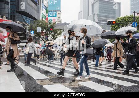Pedestrians holding umbrellas cross the Shibuya Crossing during a rainy ...