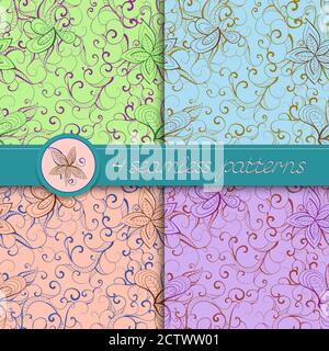 Vector set of seamless patterns with floral elements. Collection of patterns in green, blue, violet and light pink colors. Stock Vector