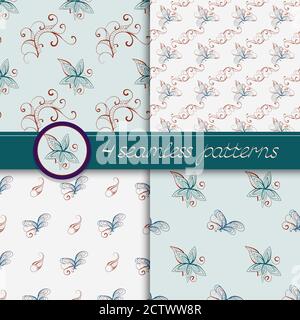 Vector set of seamless patterns with floral elements. Collection of patterns in green and beige colors. Stock Vector