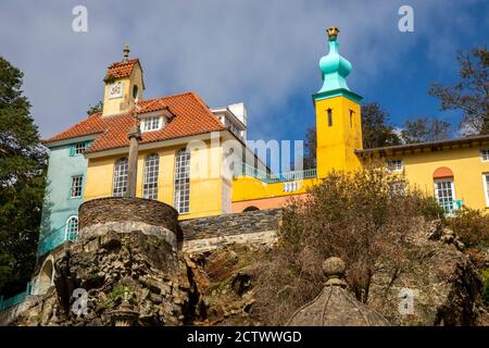 A view of the beautiful Chantry and Onion Dome in the village of Portmeirion in North Wales, UK. Stock Photo