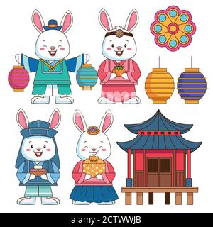 happy chuseok celebration with bundle of set icons vector illustration design Stock Vector