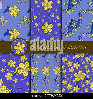 Vector set of seamless patterns with floral elements. Collection of patterns in blue and yellow colors. Stock Vector