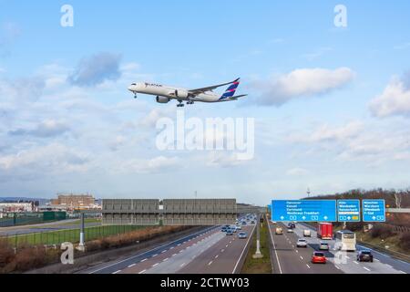 Airbus a350 Latam airlines. Germany, Frankfurt am main airport, view highway autobahn. 14 December 2019 Stock Photo