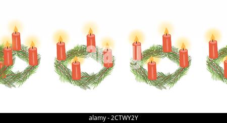 Seamless border Christmas wreath. Four Advent Candles on Christmas Wreath repeating pattern. Hand drawn holiday illustration. Stock Photo