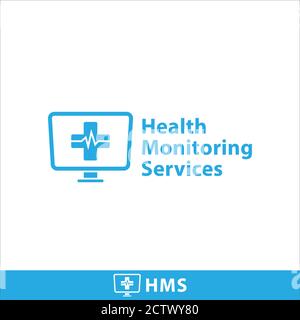 Health monitoring services logo design template. Display Screen and cross icon with pulse vector illustration isolated on white background. Blue Stock Vector