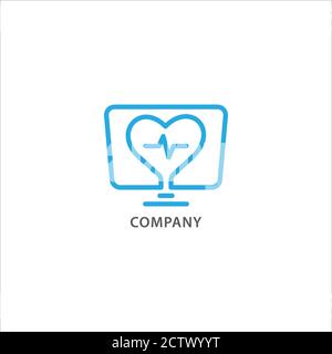 Health monitoring services logo design template isolated on white background . Display Monitor and Heart shape with pulse vector illustration. Blue Stock Vector