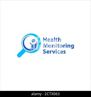 Health monitoring services logo design template isolated on white background. Magnifying glass with abstract people shape vector illustration. Blue Stock Vector