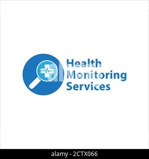 Health monitoring services logo design template isolated on white background. Magnifying glass and cross icon with pulse vector illustration.  Blue Stock Vector