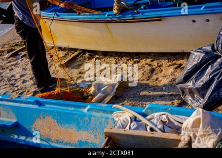 Fisherman is taking out fish from net and prepare for his next angling. Stock Photo