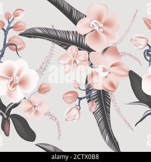 Grey orchids seamless design. Beauty tender flower print in grey pink colors. Wild garden floral design. Vector . Stock Vector