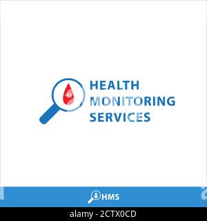 Health monitoring services logo design template. Magnifying glass and Blood drop shape with pulse vector illustration isolated on white background. Stock Vector