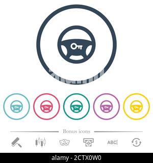 Steering lock flat color icons in round outlines. 6 bonus icons included. Stock Vector
