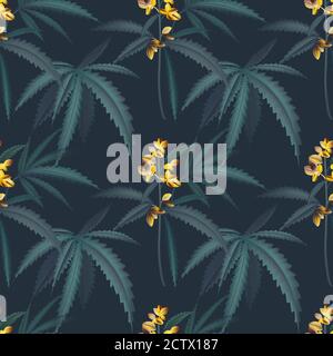 Hemp  foliage vintage pattern, trpical jungle texture wallpaper, room, and interior design, seamless jungle wild  plant vector. Cannabis flower grass, Stock Vector