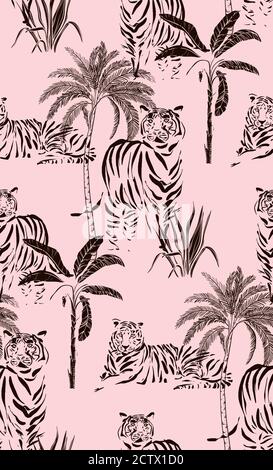 Tiger wild cat safari jungle pattern. Seamless design with palm trees, wild animals, nature plnats balack illustration. Hand-drawn doodle sketch Stock Vector