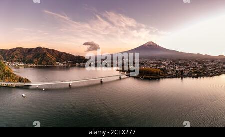 Aerial view over lake Kawaguchi, located in the border Fujikawaguchiko and Minobu, southern Yamanashi Prefecture near Mount Fuji, Japan. Lake Kawaguch Stock Photo