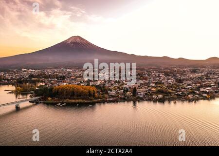 Aerial view over lake Kawaguchi, located in the border Fujikawaguchiko and Minobu, southern Yamanashi Prefecture near Mount Fuji, Japan. Lake Kawaguch Stock Photo