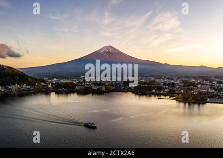 Aerial view over lake Kawaguchi, located in the border Fujikawaguchiko and Minobu, southern Yamanashi Prefecture near Mount Fuji, Japan. Lake Kawaguch Stock Photo