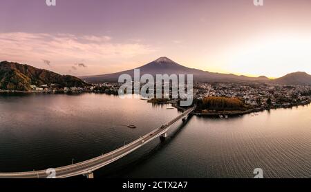 Aerial view over lake Kawaguchi, located in the border Fujikawaguchiko and Minobu, southern Yamanashi Prefecture near Mount Fuji, Japan. Lake Kawaguch Stock Photo