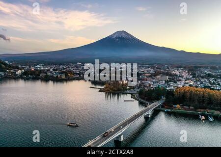 Aerial view over lake Kawaguchi, located in the border Fujikawaguchiko and Minobu, southern Yamanashi Prefecture near Mount Fuji, Japan. Lake Kawaguch Stock Photo