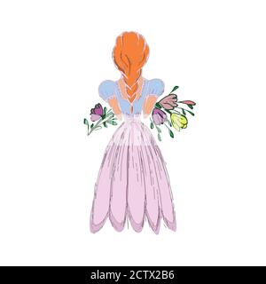 Hand-drawn illustration of a woman in a blue and pink dress. Beautiful gentle girl stands back in a flower dress with a bouquet of flowers Stock Vector