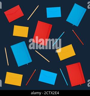 Pattern of multicolor notebooks, paper envelopes and pencils over dark blue background Stock Photo