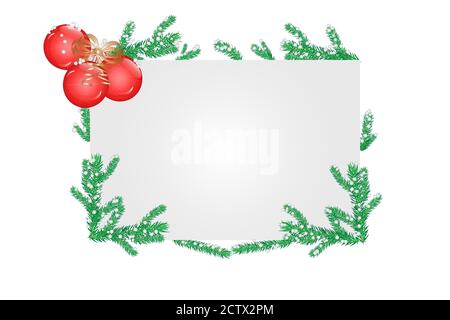 Christmas square banner with fir twigs and red balls. Christmas frame with pine branches, baubles and snow with copy space. Stock vector illustration Stock Vector
